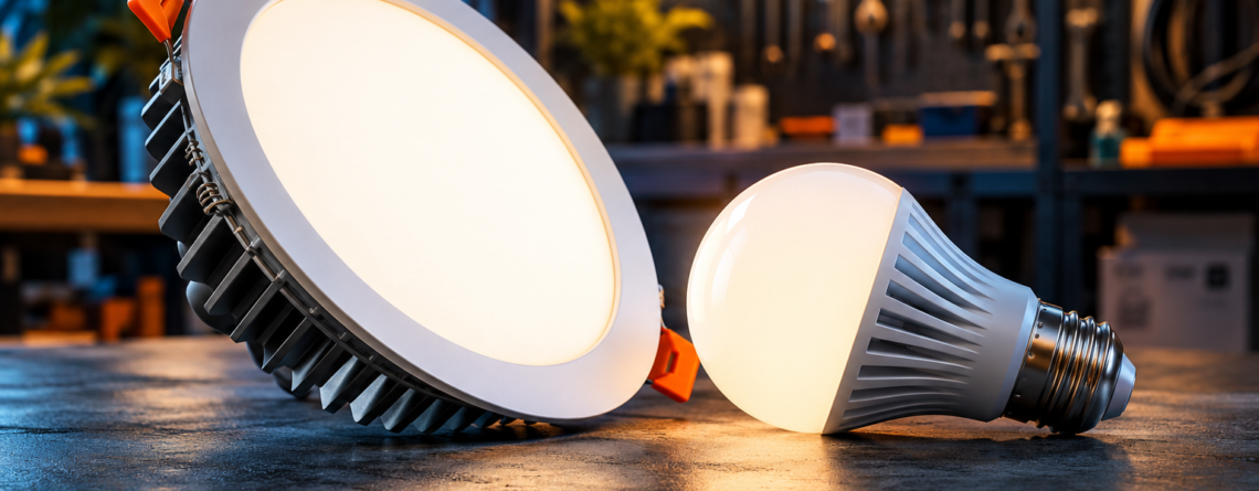 Luminaria LED empotrable y ampolleta LED sobre una mesa de taller industrial