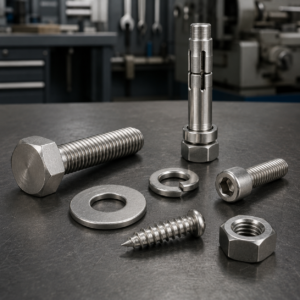 Grupo de productos de acero inoxidable compuesto por perno hexagonal, golilla plana, golilla de presión, perno de anclaje, perno Allen, perno Parker y tuerca hexagonal sobre una mesa de trabajo industrial.