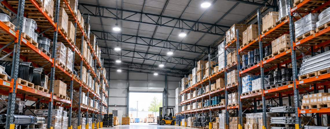 Bodega industrial con estanterías altas iluminada por campanas LED