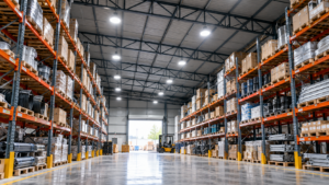 Bodega industrial con estanterías altas iluminada por campanas LED