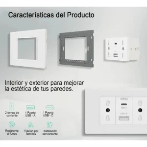 Tomacorriente Doble + Cargador Usb Y Tipo C Pared 16a - imagen 2