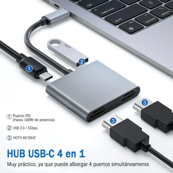 Hub Adaptador Usb-c 4 En 1 Splitter Doble Hdmi 4k Usb 3.0 - imagen 2