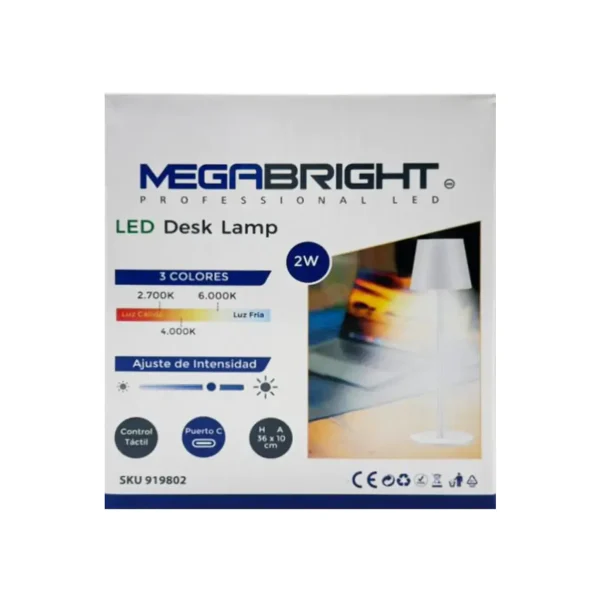 Lámpara de Mesa LED 2W Recargable Megabright Blanca: 3 Tonos de Luz y USB-C - imagen 3