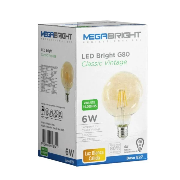 Pack 3un Ampolleta LED Bright Classic Vintage G80 6W 3000K - imagen 3