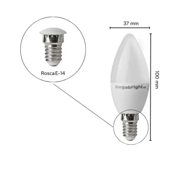 Pack 3un Ampolleta Led Vela 5w/Luz fria E14 Megabright - imagen 3