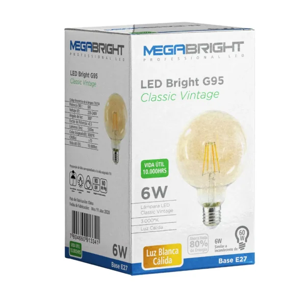 Ampolleta Led Bright Classic Vintage G95 6W Luz Blanca Cálida 3000K - imagen 2