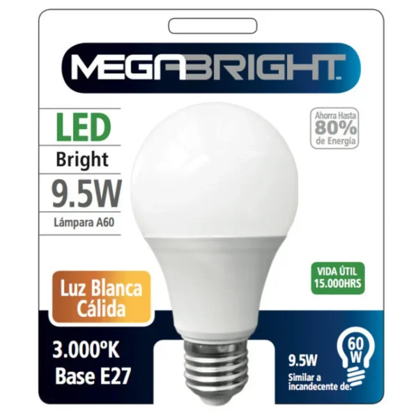 Pack X2 Ampolleta Led Bright A60 Bulbo 9.5w Luz Blanca Cálida 3000k E-27 - imagen 3