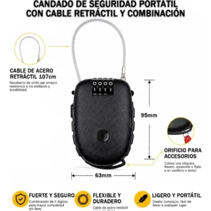 Candado Con Cable De Seguridad Clave De 4 Dígitos Retractil - imagen 2